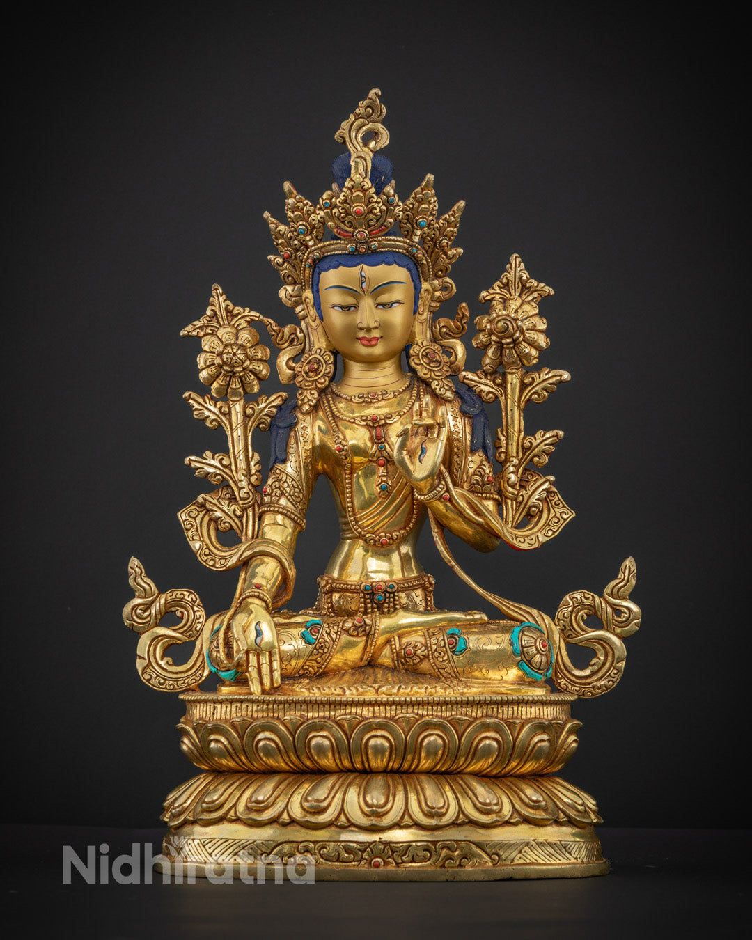 Sacred White Tara Statue - Handcrafted Copper with 24K Gold Gilded Finish for Protection &amp; Peace