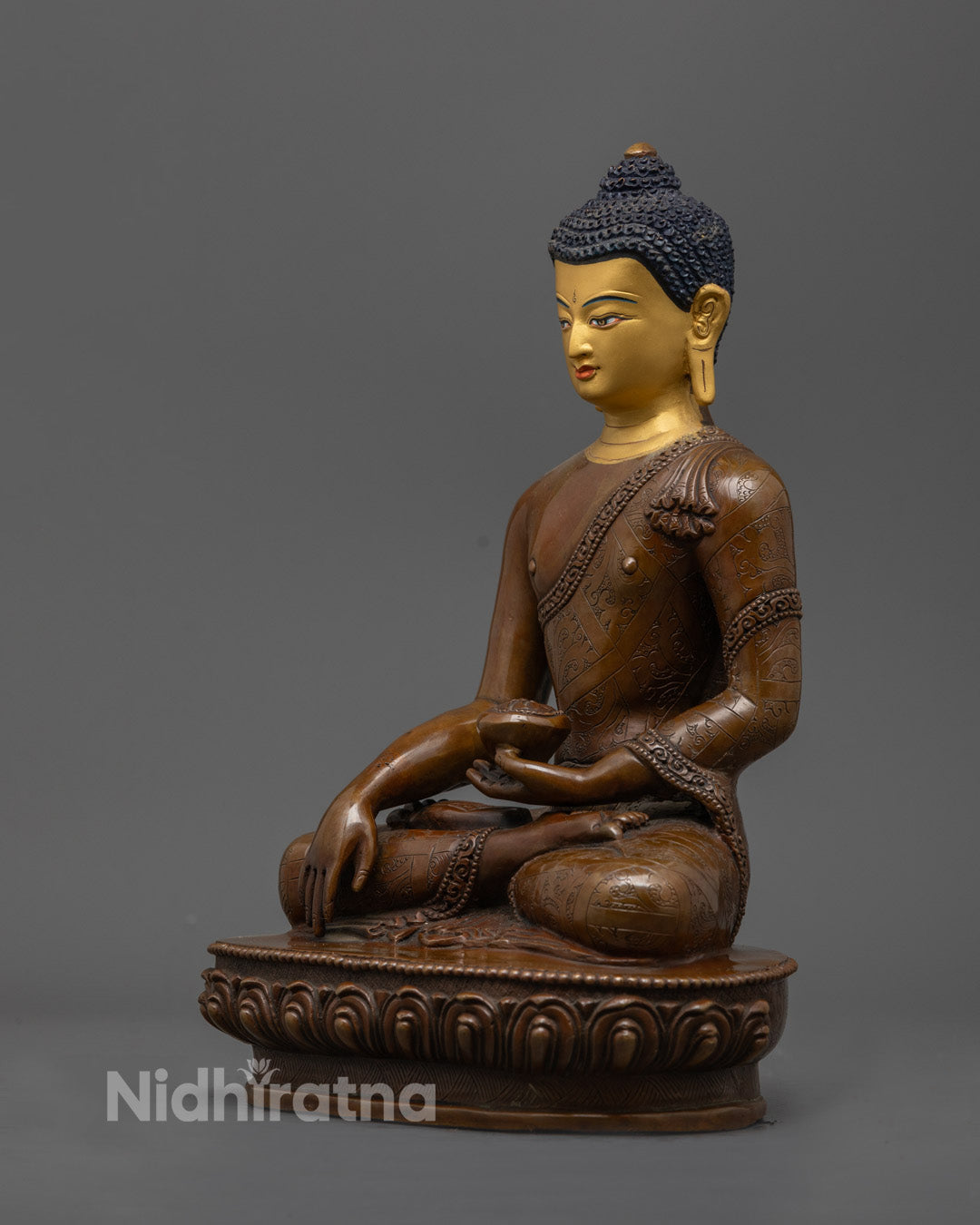 Shakyamuni Buddha Statue | 24K Gold Face & Oxidized Copper