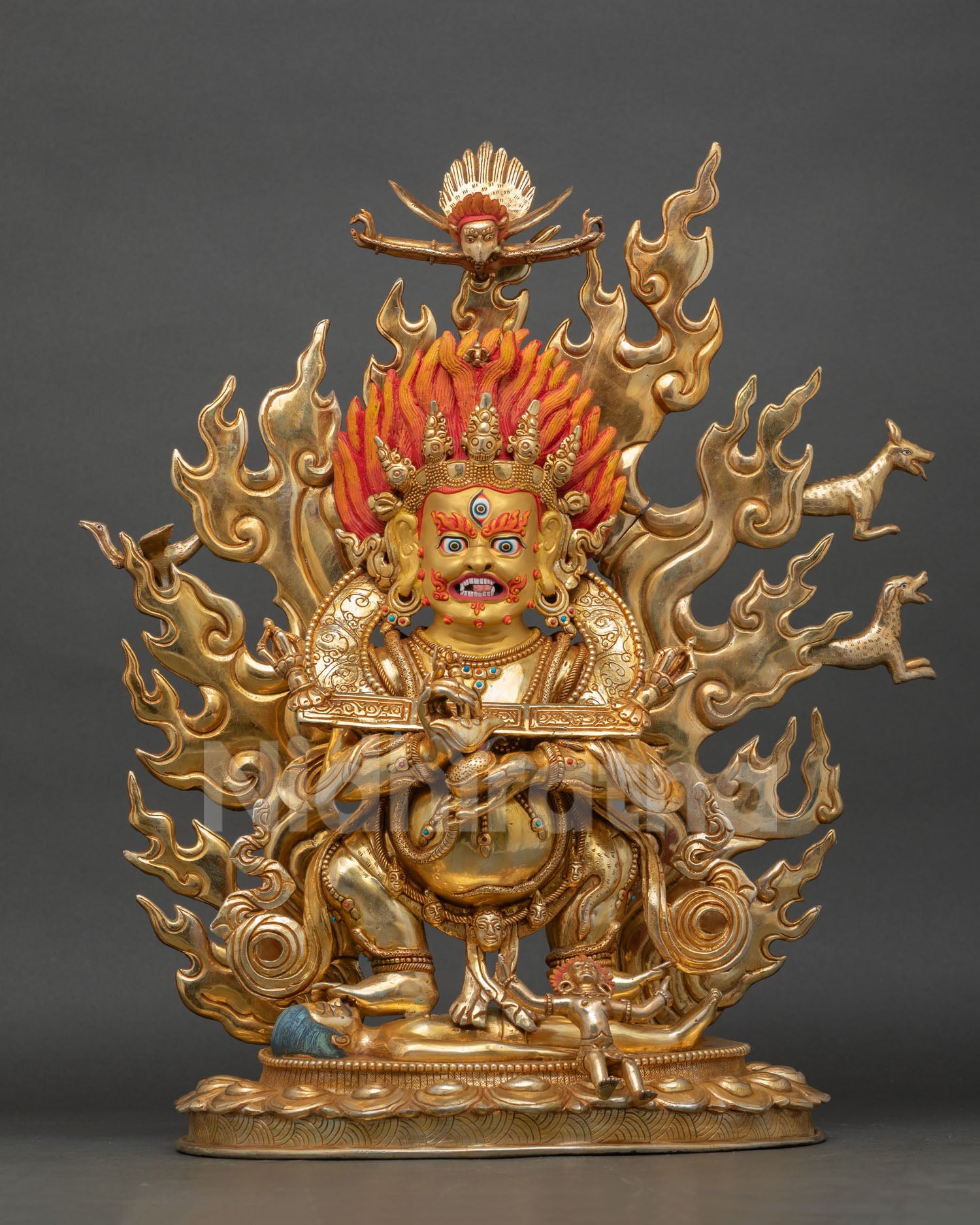 Sakya mahakala statue front view, handcrafted copper buddhist wrathful guardian deity with gold fire gilding and flaming aureole