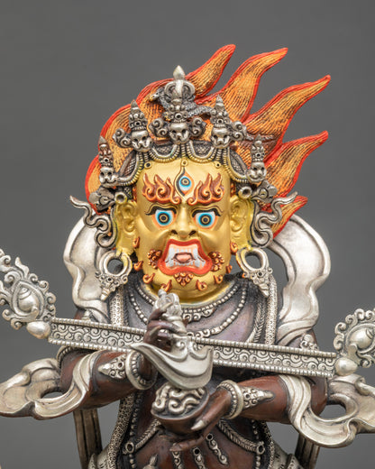 Sakya Mahakala standing copper statue with 24K gold-painted face for altar protection