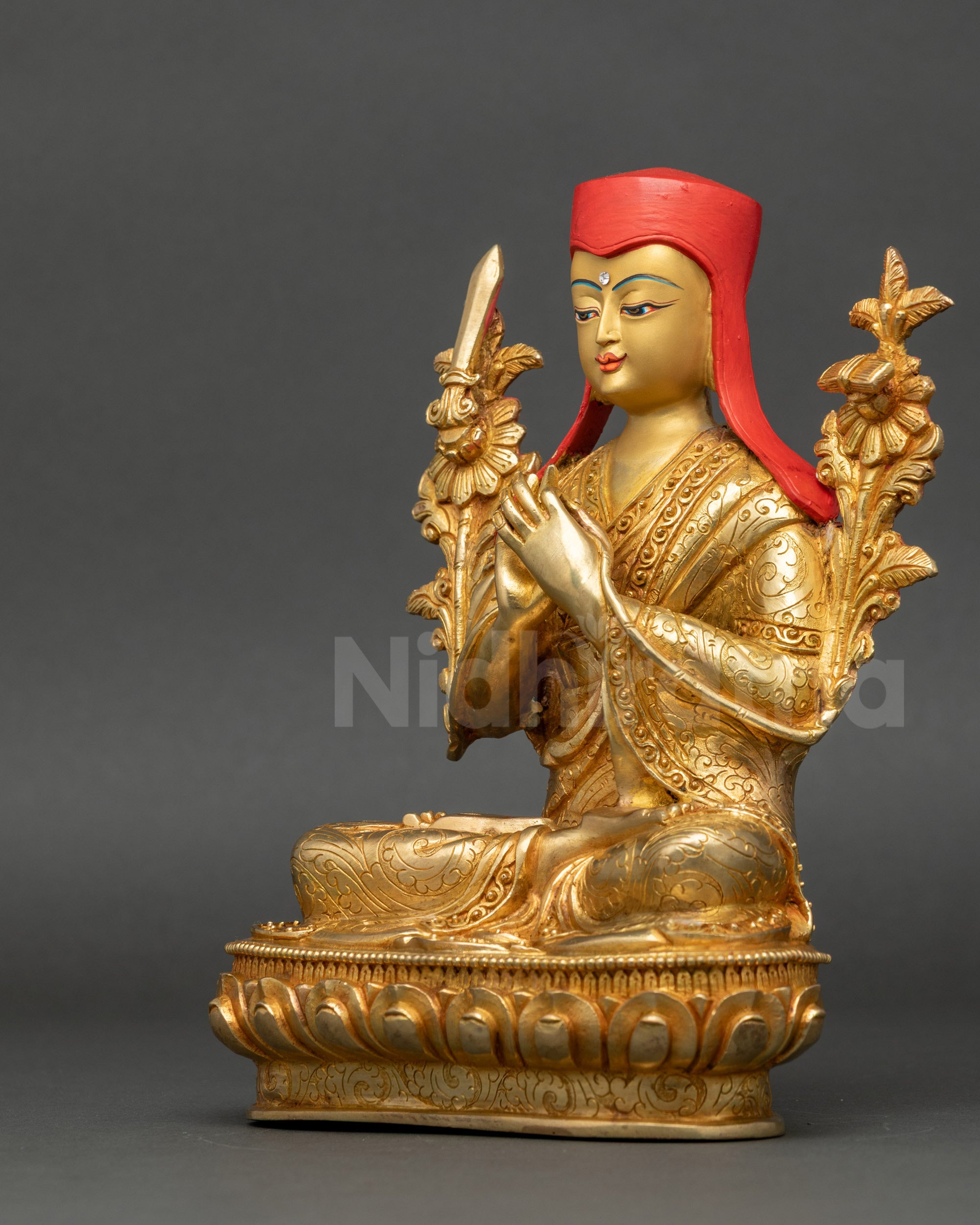 Sakya Pandita Statue left side view meditation figure with gold fire-gilded accents