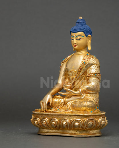 Sakyamuni Buddha left side view intricate carvings and semi-precious stones