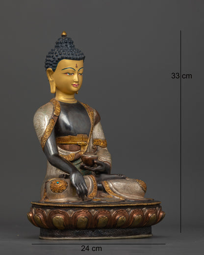 Sakyamuni Buddha seated on lotus throne, silver-plated Himalayan sculpture