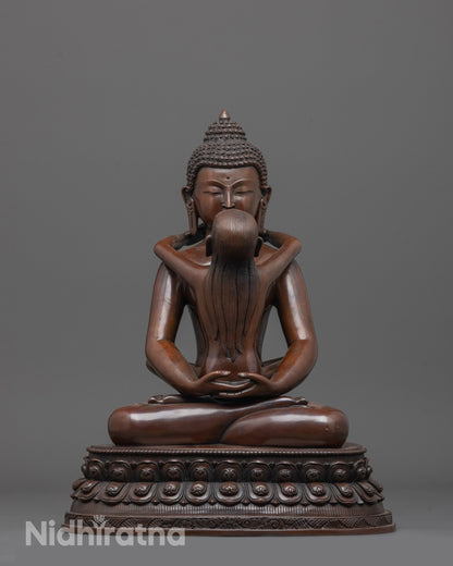 front view of oxidized samantabhadra statue and detailed tantric embrace