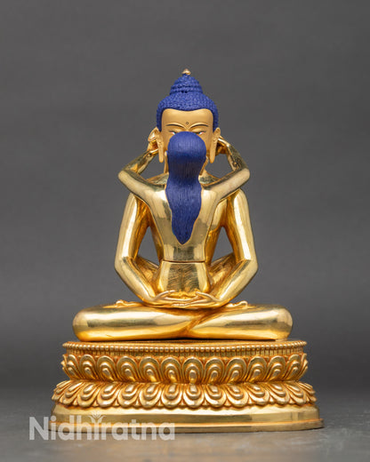 Samantabhadra Yab Yum statue front view, gold fire gilded copper Nepal