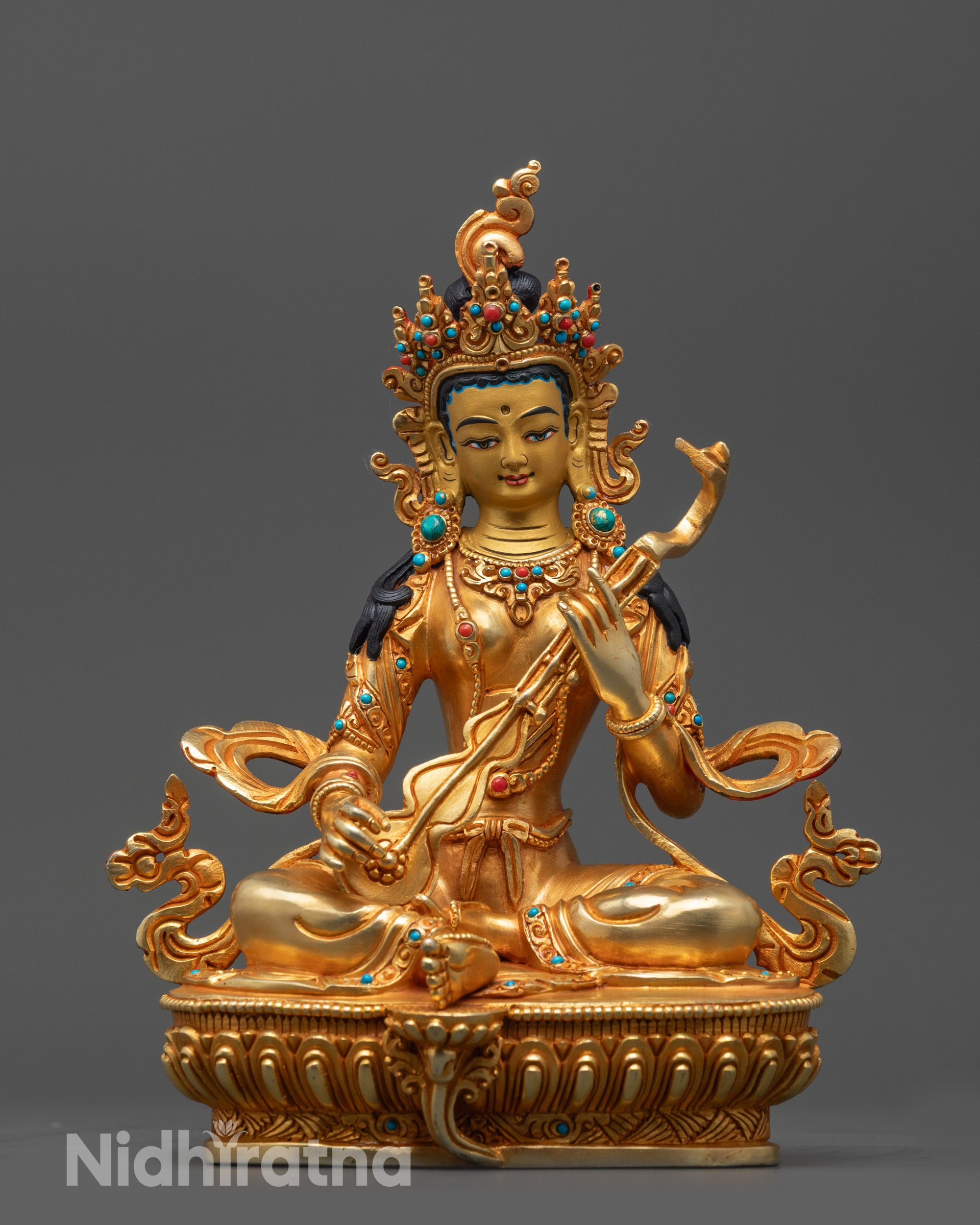 Saraswati Statue front view 24K gold-gilded face and lotus seat by Nepalese artisan