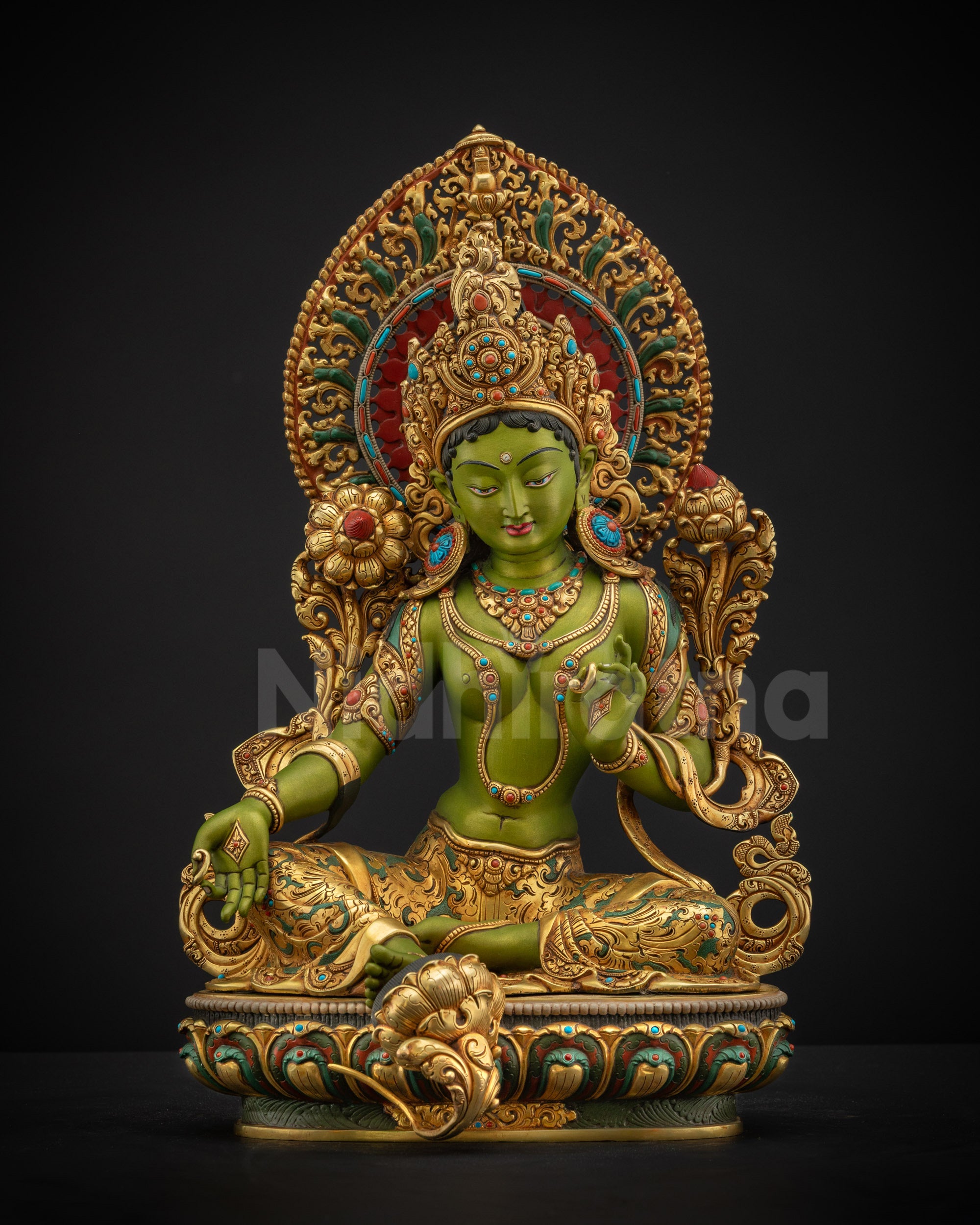 Front view of Savior Shyama Tara statue handcrafted from copper using lost wax casting by skilled Nepalese artisans