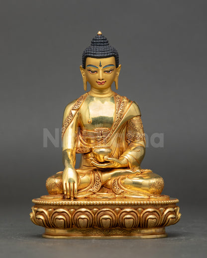 Seated Buddha Statue on lotus with gold-painted face and intricate 3D carvings
