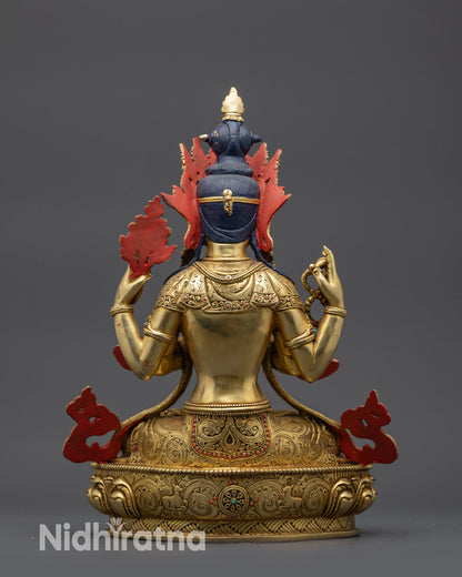 Semi-Precious Stone Crown and Detailed Robes on Chenrezig Sculpture