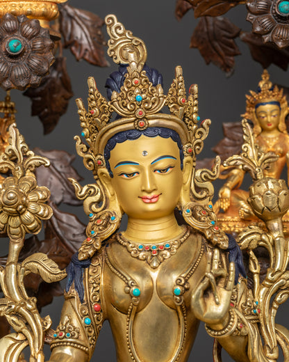 Serene Green Tara gold-gilded face five-jeweled crown lotus seat lost wax technique statue