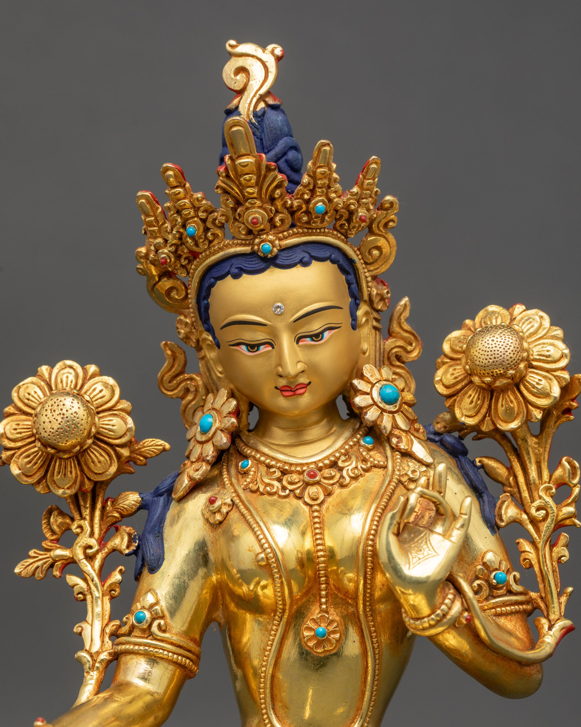 Serene Mother Green Tara Statue regular close up showing intricate carvings and semi-precious stones