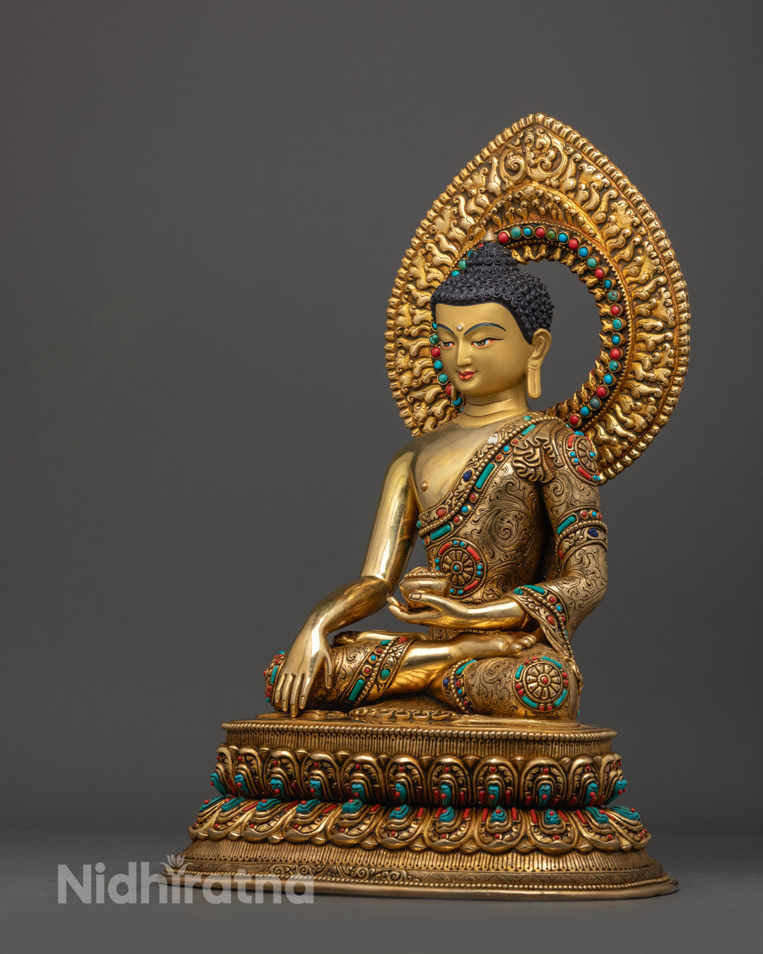 Serene Shakyamuni Buddha seated on lotus throne with hollow space for auspicious mantra, made by Nepalese artisans