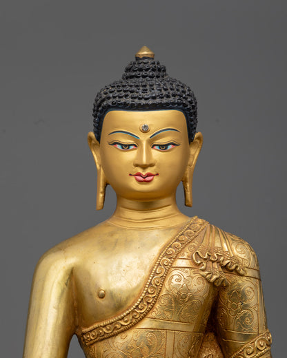 Serene face of Shakyamuni Buddha statue with intricate gold fire gilding and turquoise-inlaid eyes, radiating enlightened wisdom