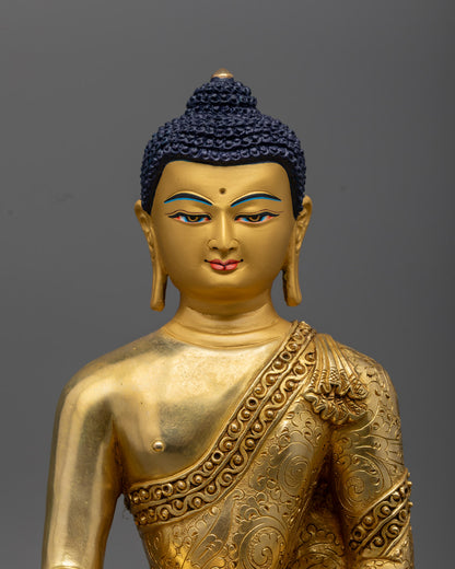 Serene facial details of Shakyamuni Buddha statue with gold-plated features and turquoise inlay eyes, radiating enlightened wisdom
