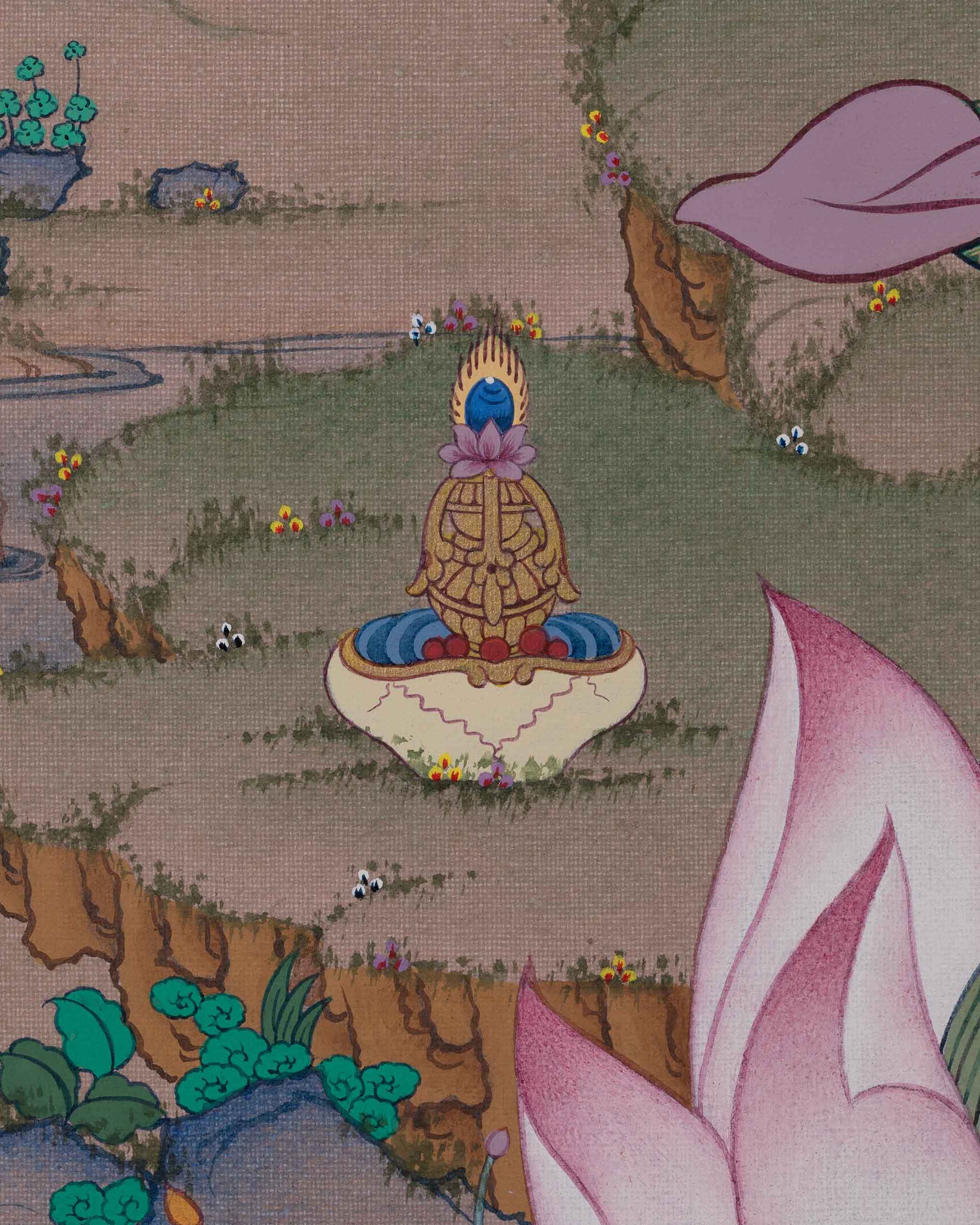 Serene pond scene with a kapala vase offering, blossoming trees, and rabbits near Guru Rinpoche.