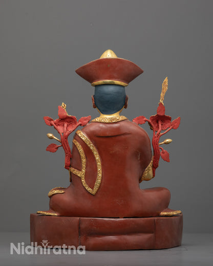 back view of handcrafted nyamme sherab gyaltsen statue with copper base and robe statue