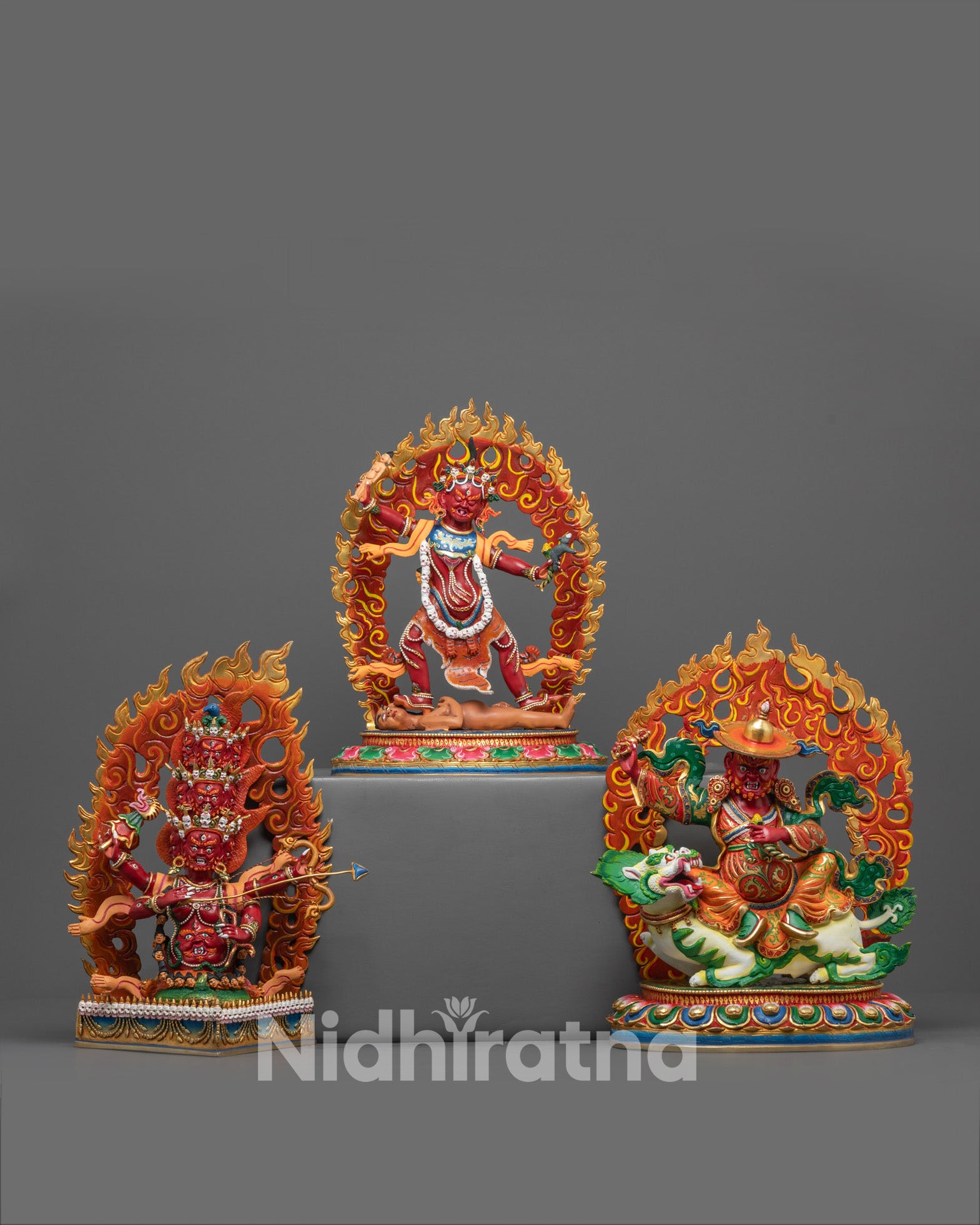 Set Image of Hand-Carved Ekajati, Rahula, and Dorje Legpa Statue Made in Nepal 