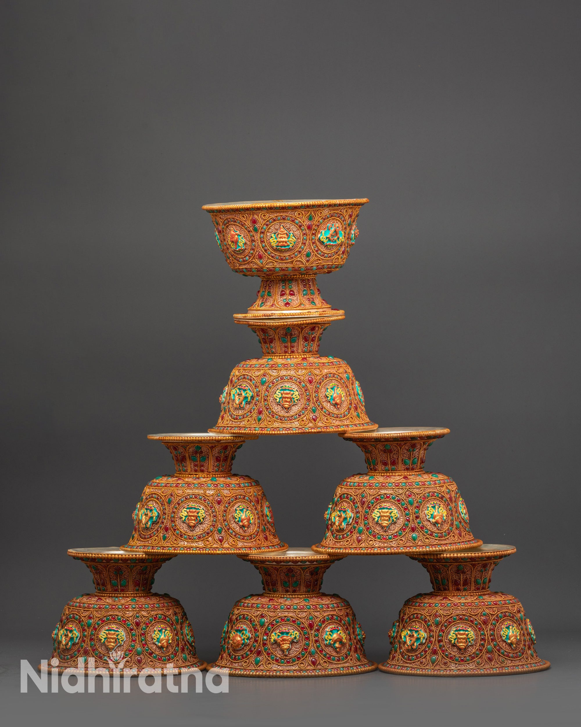 Set of Seven Tibetan Water Offering Bowls handcrafted by Buddhist artisans Nepal