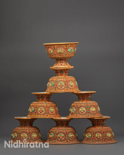 Set of Seven Tibetan Water Offering Bowls handcrafted by Buddhist artisans Nepal