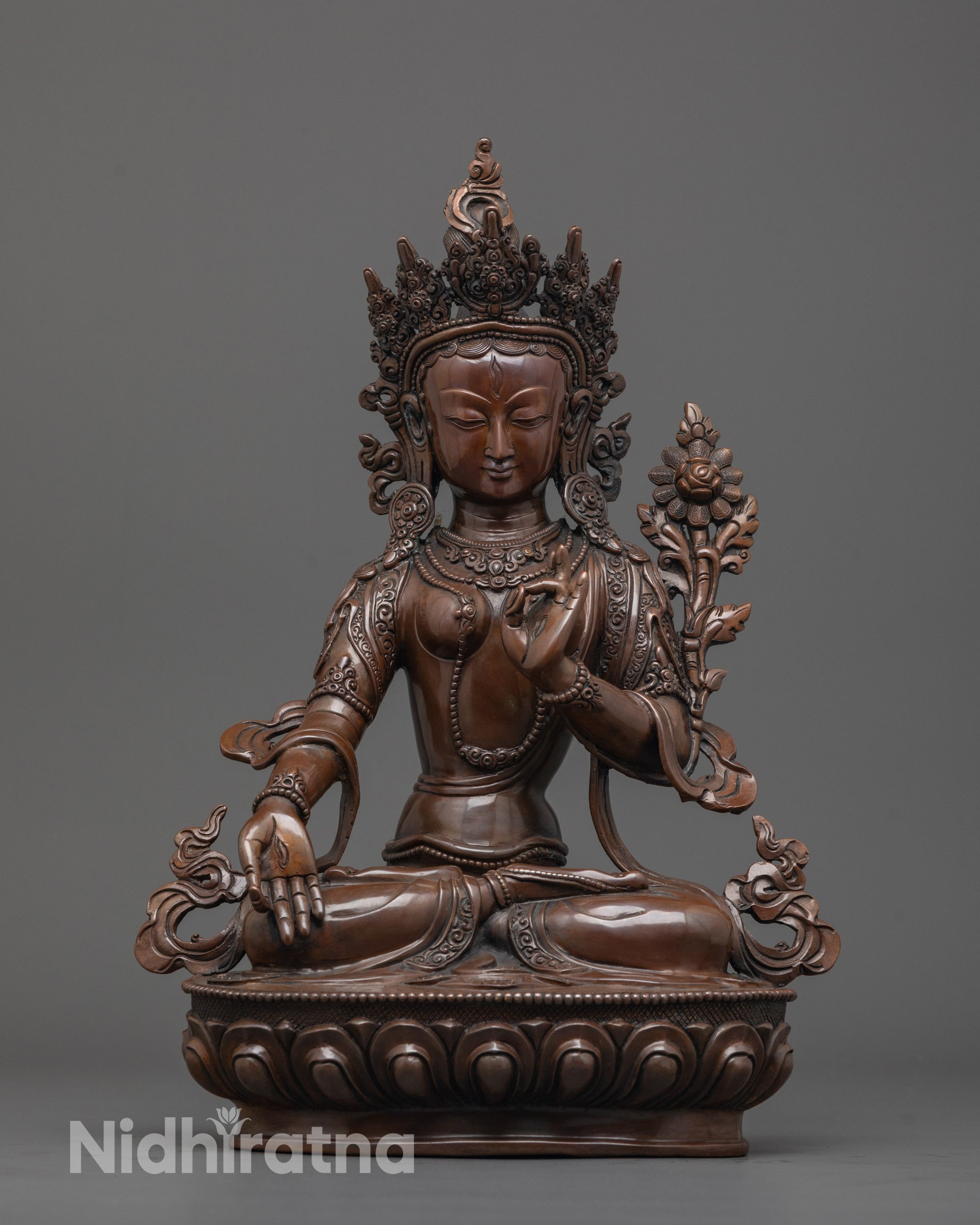 Seven-Eyed White Tara statue front view with oxidized copper and detailed robe pattern
