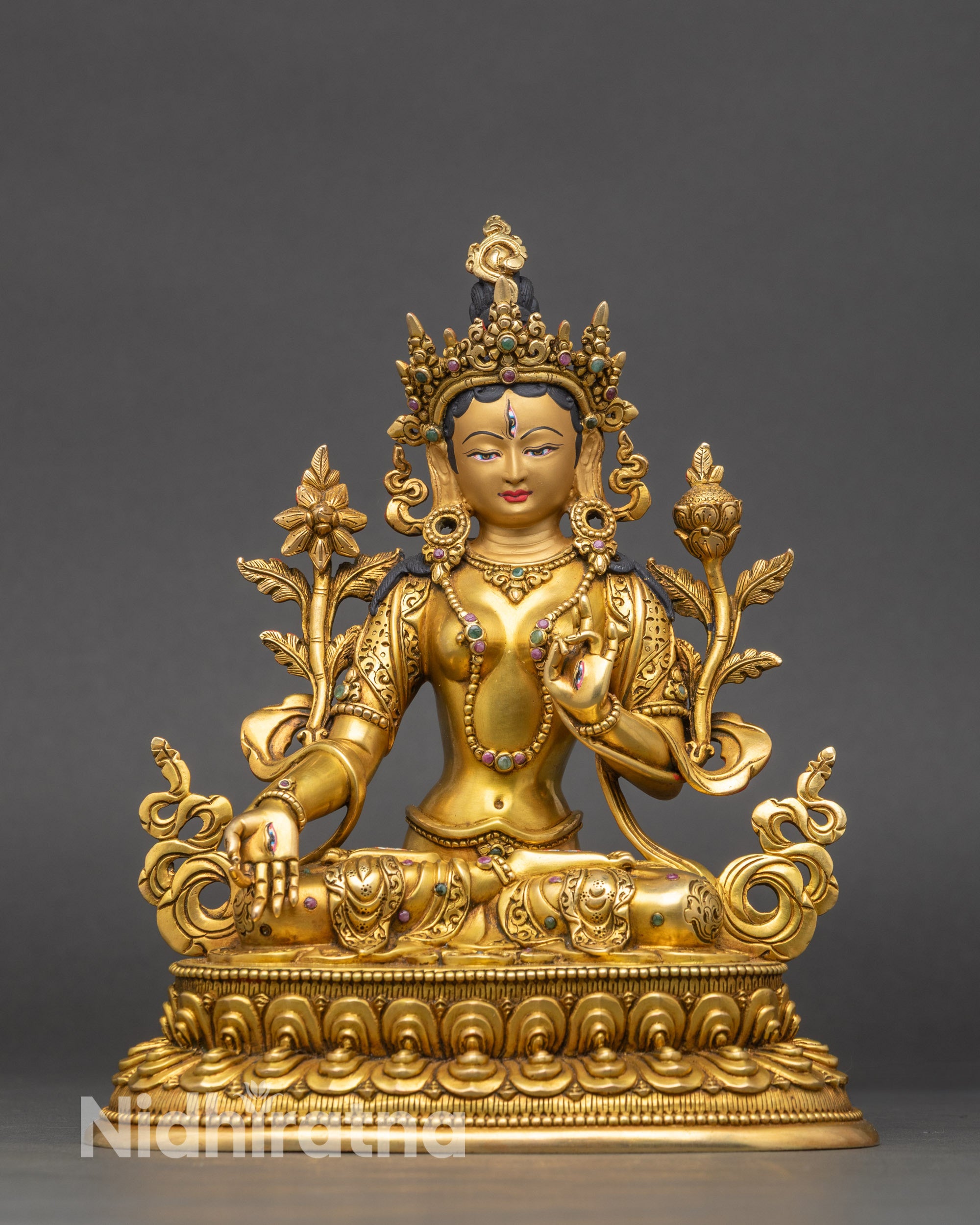 Seven Eyed White Tara Statue, gold-gilded Nepalese Buddhist goddess sculpture for meditation altar