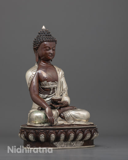 side angle of Buddha statue in bhumisparsa mudra holding patra bowl with earthy tone finish