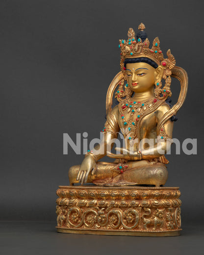 Shakyamuni Buddha Statue Five Jewel Crown Layered Necklace Floral Garment Detail.