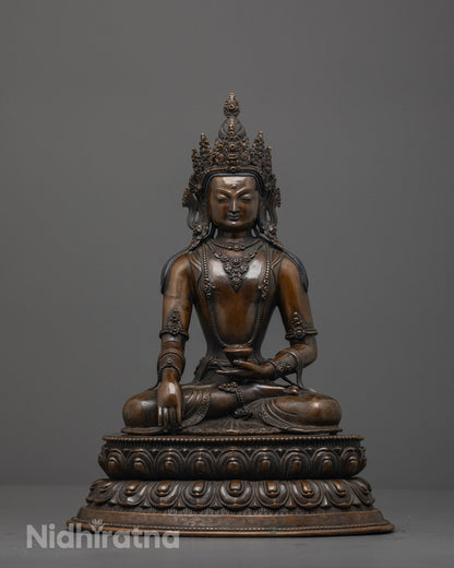 Front view of Traditional Jowo Shakyamuni Buddha Statue with oxidized copper finish