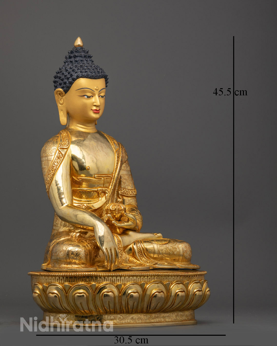 Side profile of traditional Nepalese Shakyamuni Buddha Statue crafted using the lost wax method