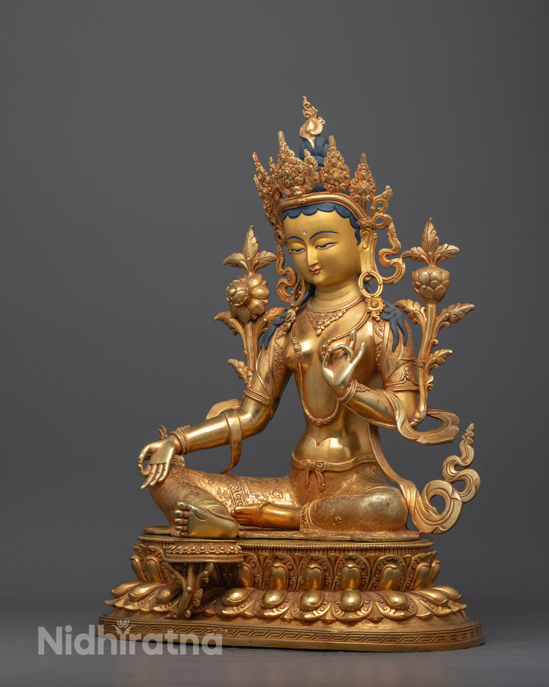 Tibetan Buddhist Green Tara Statue | 24k Fire Gold Gilded