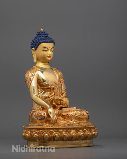 side angle of Shakyamuni Buddha statue showing detailed carvings and bhumisparsa mudra pose
