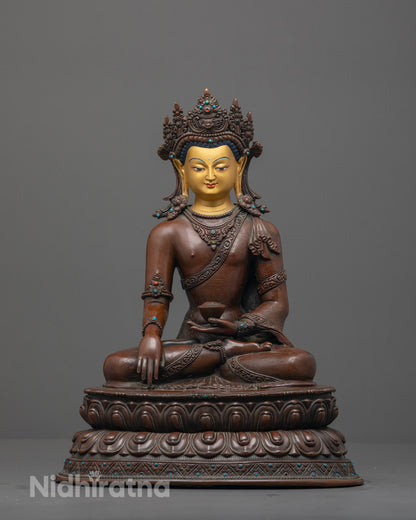 Front view of Oxidized Crowned Shakyamuni Buddha statue with 24K gold-gilded face