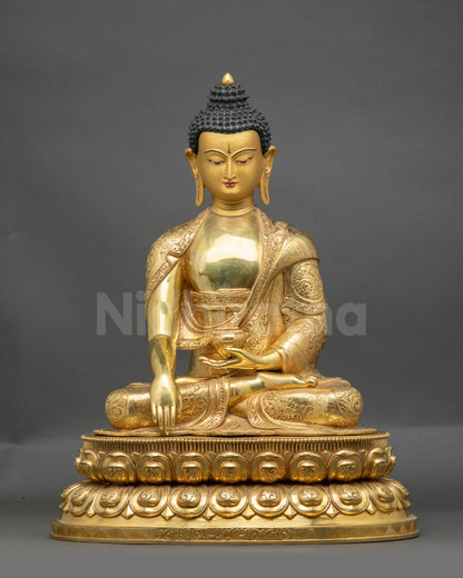 Shakyamuni Buddha Figurine 24K Gold Fire-Gilded Copper Sculpture Seated on Lotus with Auspicious Symbols