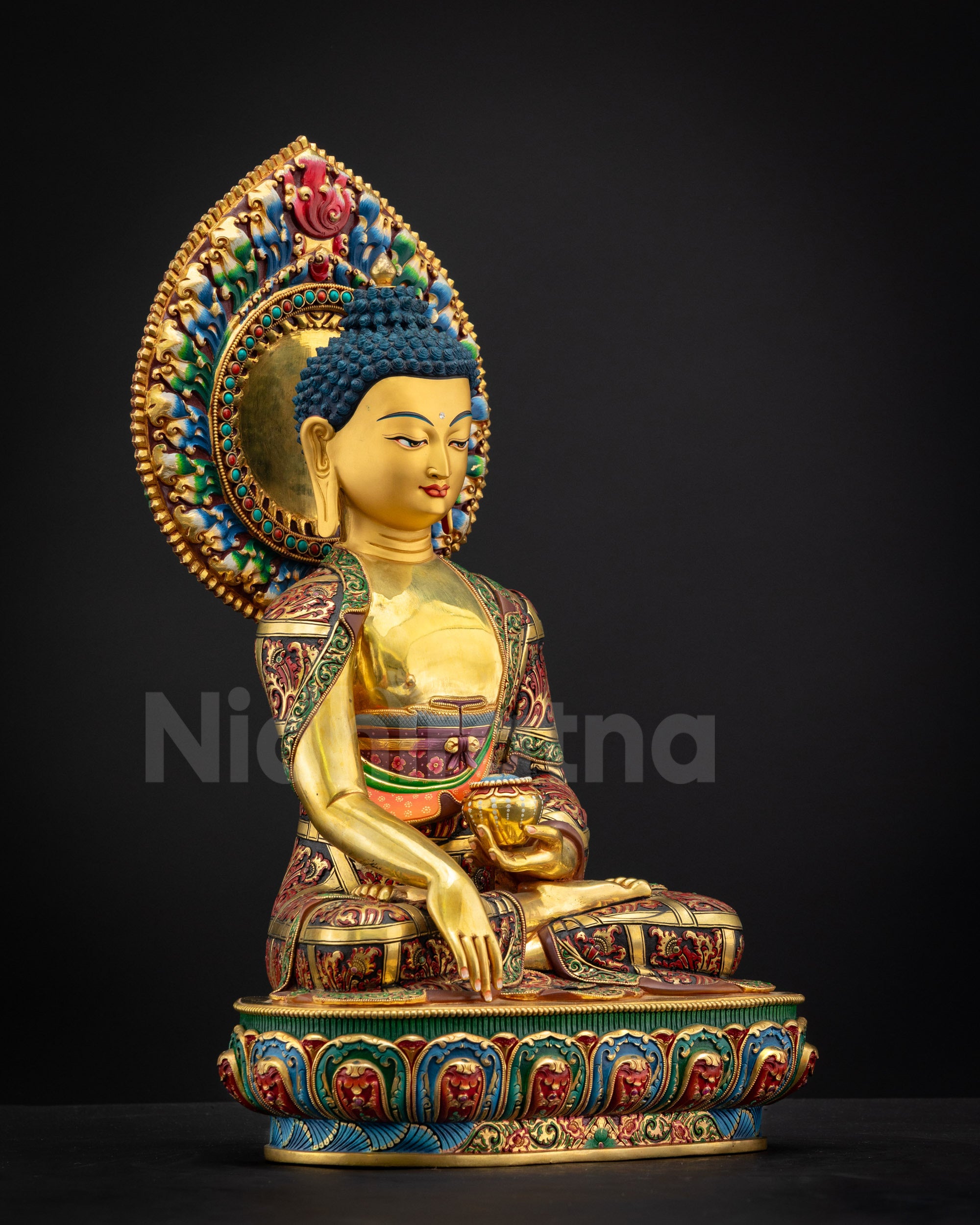 Right side view of Shakyamuni Buddha Statue on vibrant lotus throne with Bhumisparsha Mudra and detailed robe patterns