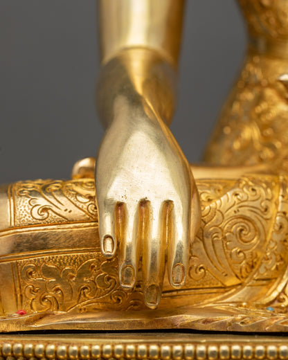 Three dimensional floral carved robe detail on handcrafted Shakyamuni Buddha statue 