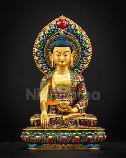 Front view of Shakyamuni Buddha Statue showcasing gold-fire gilded copper craftsmanship and multi-colored lotus throne