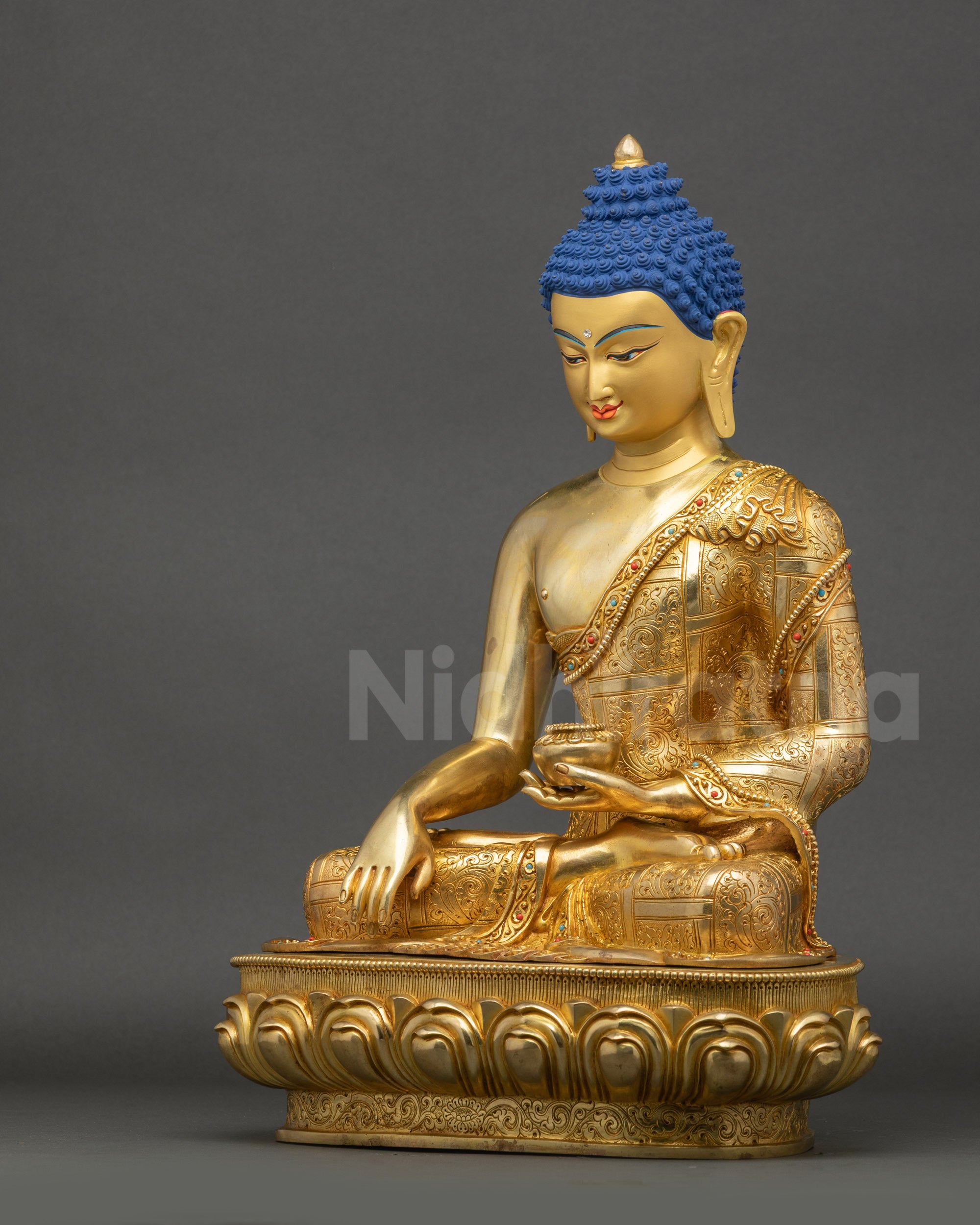 Side view of Tathagata Shakyamuni Buddha meditation sculpture showing gold gilded layers 
