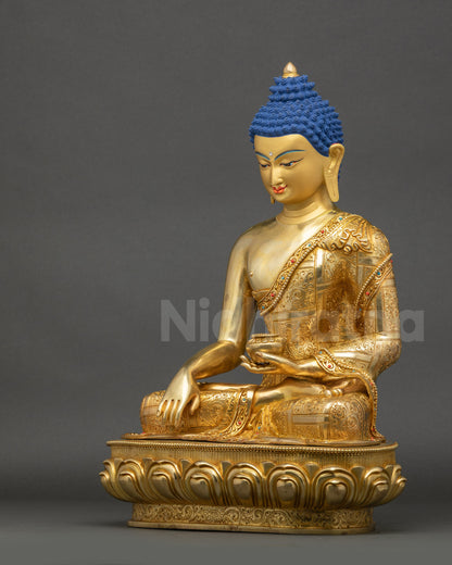 Side view of Tathagata Shakyamuni Buddha meditation sculpture showing gold gilded layers 
