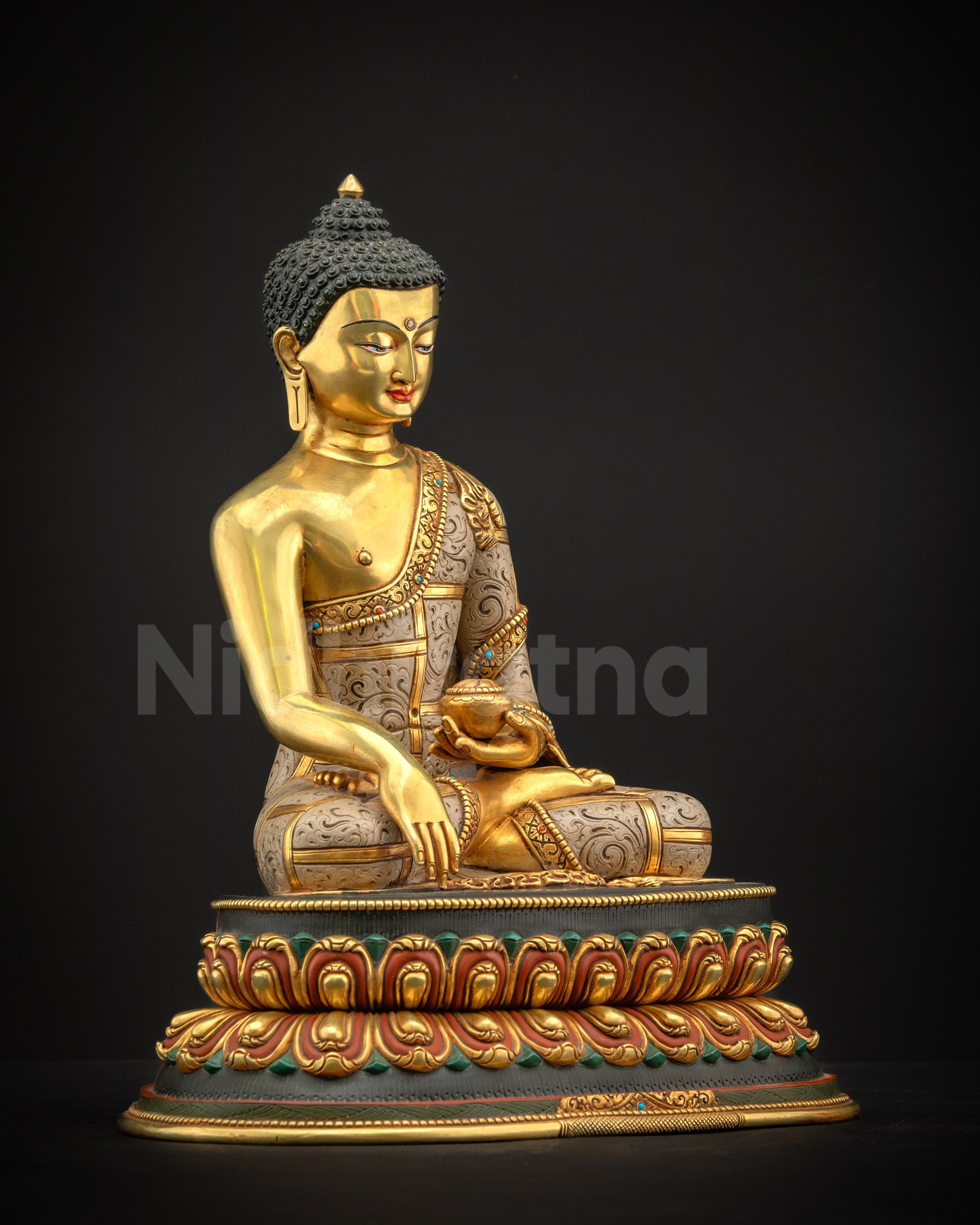 Right side of Shakyamuni Buddha seated on lotus pedestal, holding alms bowl in Bhumisparsha mudra, gold gilded copper