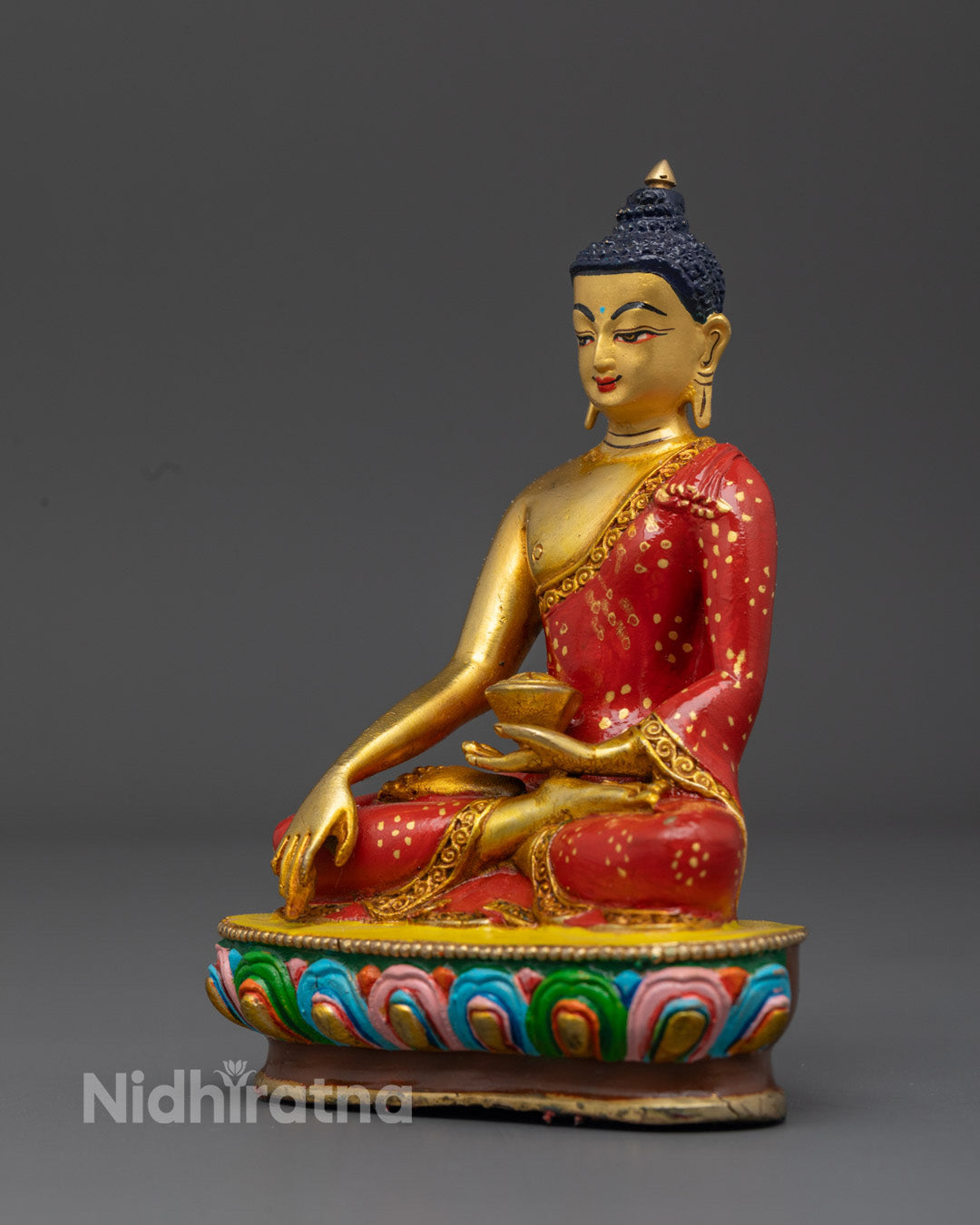 Shakyamuni Buddha Sculpture Seated on Multicolour Lotus Throne Representing Enlightenment