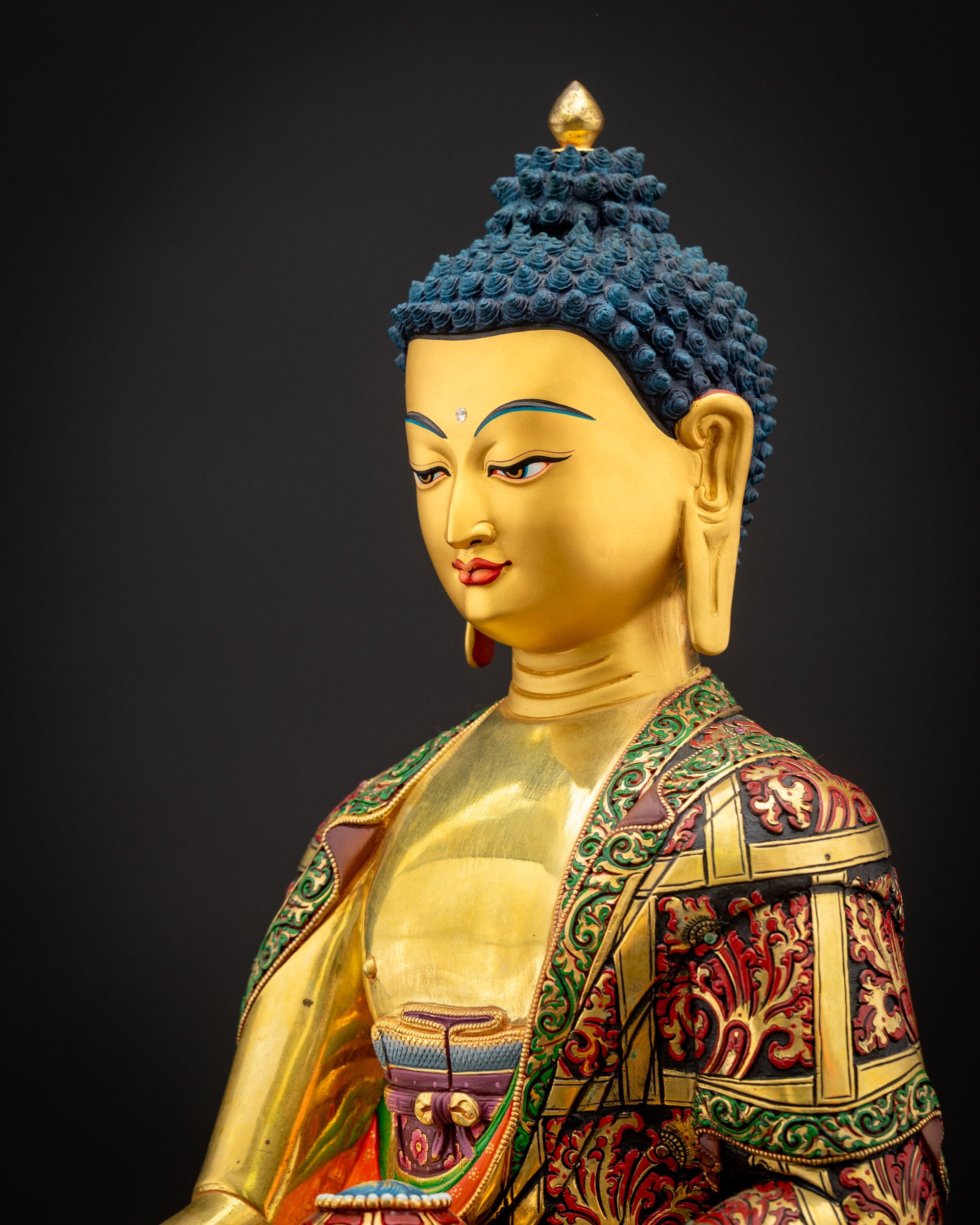 Detailed side close-up of Shakyamuni Buddha Statue displaying intricate 3D detailing and flowing floral monastic robe
