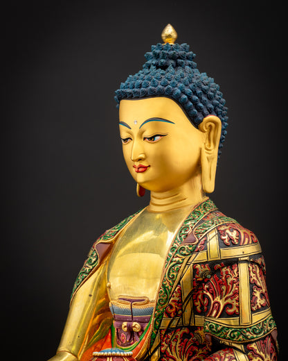 Detailed side close-up of Shakyamuni Buddha Statue displaying intricate 3D detailing and flowing floral monastic robe