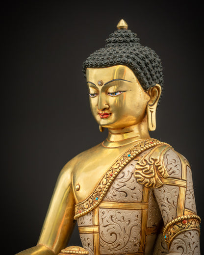 Side close up of Shakyamuni Buddha statue highlighting carved robe patterns, gold gilding, and premium acrylic color detailing.