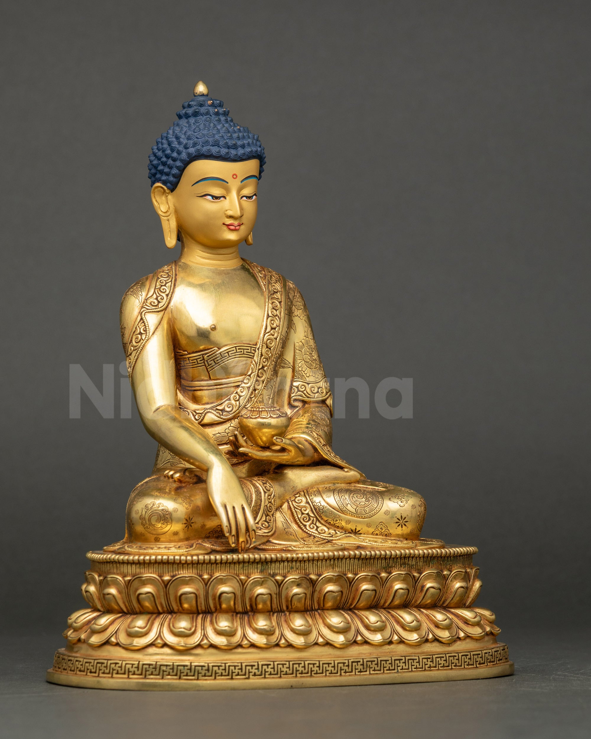Right view of Shakyamuni Buddha performing earth-touching mudra with patra bowl.