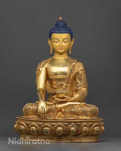 24k gold glided Shakyamuni Buddha Statue | Adorned with Semi-Precious Stones on Shakyamuni Buddha Statue | Lotus Seated Shakyamuni Buddha statue