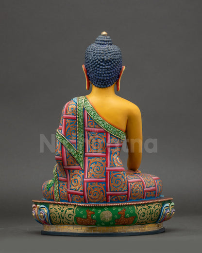 Shakyamuni Buddha Statue back view showing hand-painted robe and lotus base