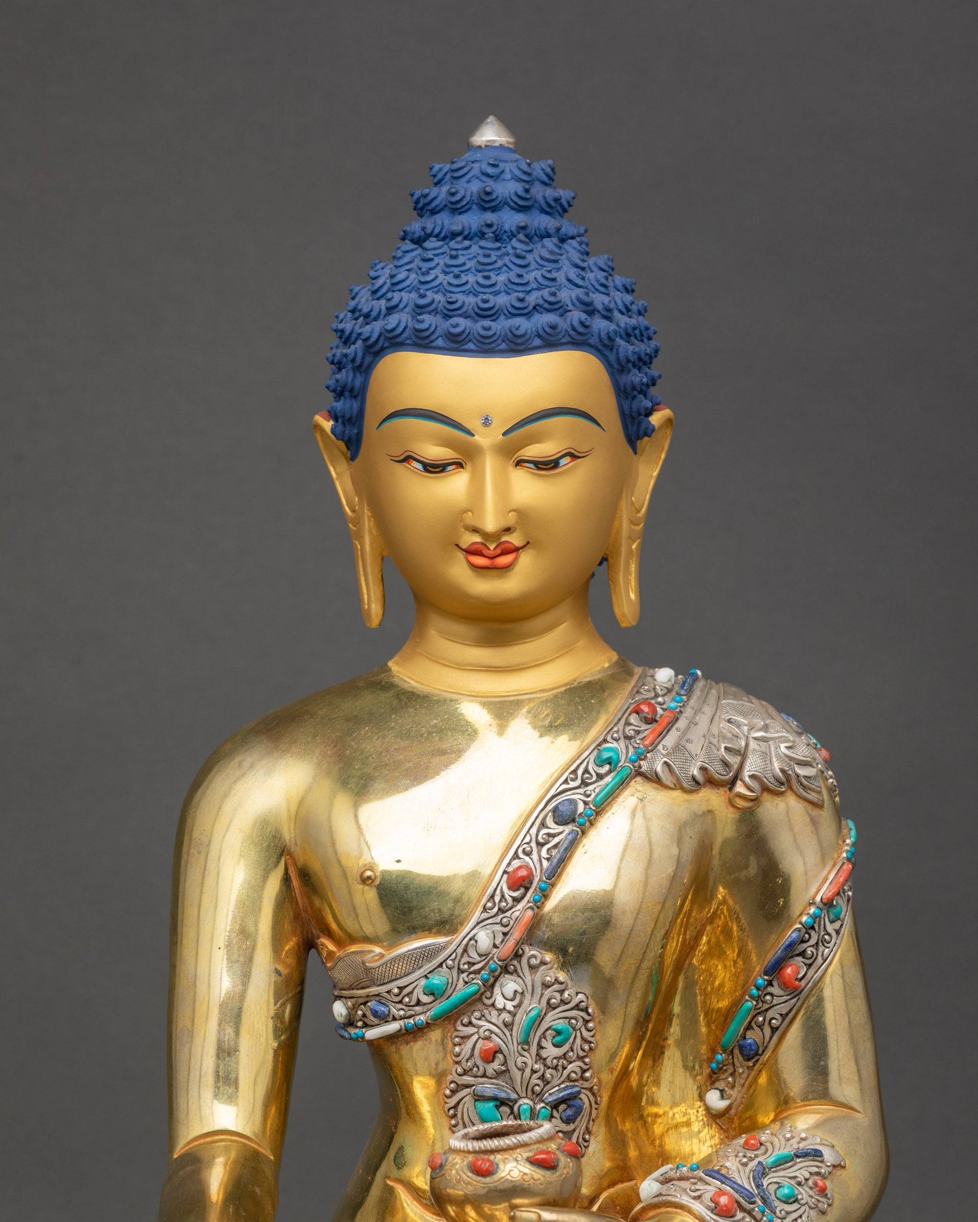 Shakyamuni Buddha Statue detailed close up floral motifs traditional Nepalese art