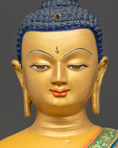 Shakyamuni Buddha Statue detailed face close up gold-gilded serene expression