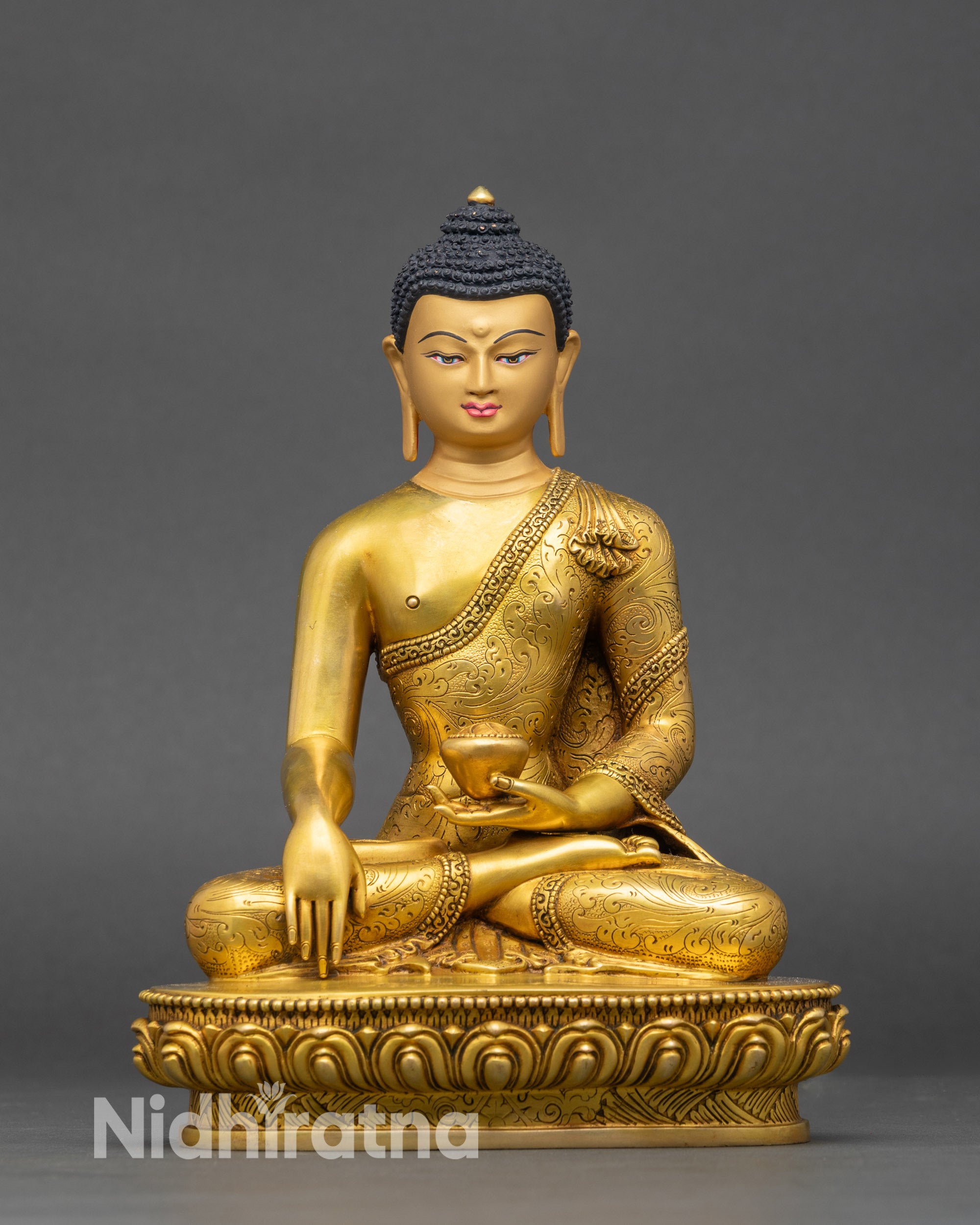 Shakyamuni Buddha Statue displayed fully, seated on a lotus base