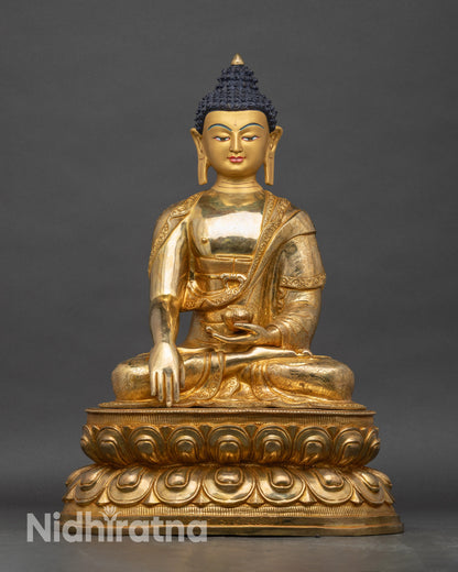 Shakyamuni Buddha Statue front view, copper with gold fire-gilding and lotus seat